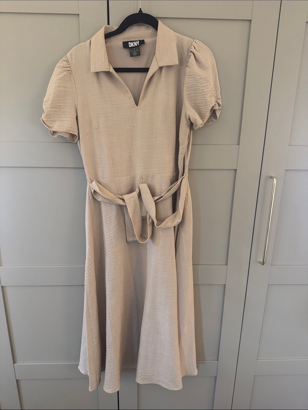 DKNY Cream Collared Midi Dress with Tie Waist